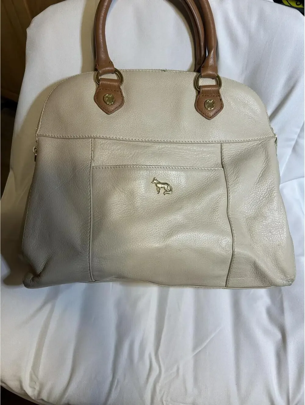Emma Fox Leather Satchel Cream Tan‎ Turn Lock Top Handle Shoulder Bag